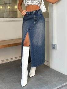 SHEIN Cottnline MID LENGHT DENIM SKIRT ASYMMETRICAL SLIT DETAIL - Dark Wash - View 1
