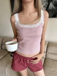 Muchica 女士方领撞色蕾丝细肩带可爱短款背心 - 粉色 - 查看 1