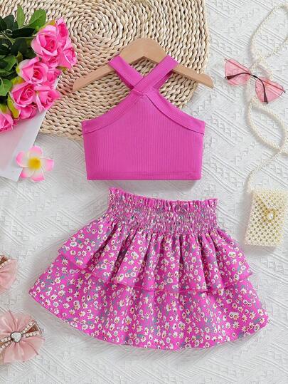 SHEIN Elladie kids Set di camisole senza maniche e vestiti a cake con vita elastica e stampa floreale, dallo stile vacanziero per ragazze giovani, ideale per l'estate