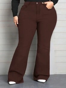 SHEIN CURVE+ 大码纯色弹力喇叭牛仔裤 - 酒紅色 - 查看 1