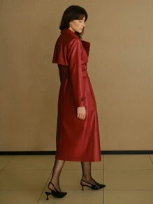 MOTF STUDIO PU LEATHER LAPEL COLLAR DOUBLE BREASTED PLACKET BELTED TRENCH COAT - Burgundy - View 3