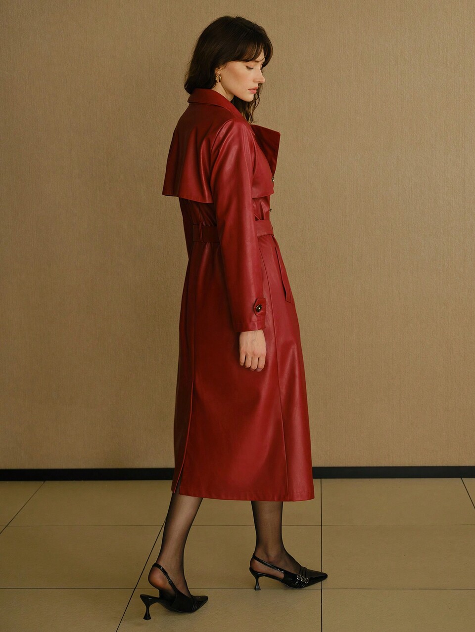 MOTF STUDIO PU LEATHER LAPEL COLLAR DOUBLE BREASTED PLACKET BELTED TRENCH COAT
