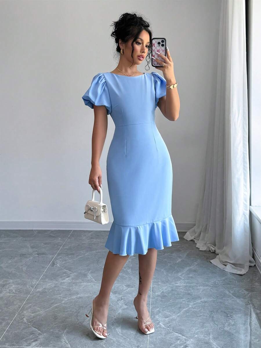 Selianne Women's Elegant Solid Color Ruffle Hem Petal Sleeve Dress, Summer - Blue - View 1