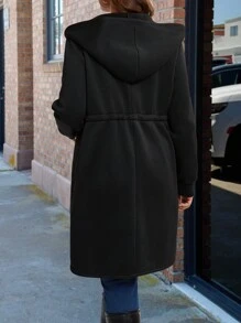 SHEIN LUNE Áo khoác trùm đầu thường ngày có khóa kéo túi trước màu trơn cỡ lớn, mặc hàng ngày - màu đen - Xem 2