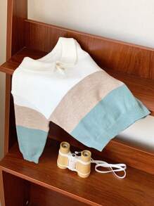 SHEIN 小男孩休闲撞色针织软领拉链长袖毛衣，适合秋冬季通勤、上学、居家、休闲、街头风格、派对和户外