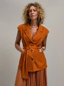 SHEIN Unity 女式秋季纯色翻领单排扣蝙蝠袖西装外套 - 鏽棕色 - 查看 4