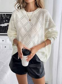 Chiquease 女式宽松纯色落肩长袖毛衣，秋季 - 白色 - 查看 4