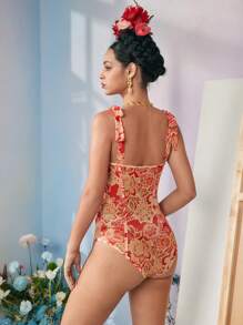 Frida Kahlo X SHEIN X Designer RAUL OROZCO Boho Bohemian Floral Printed Knot Strap Bustier Cami Bodysuit, Holiday, Vacation, Spring & Summer, Festival - Red - View 2
