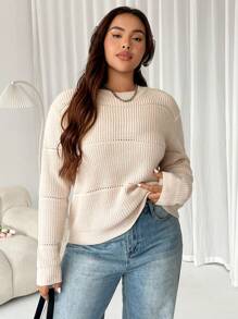 SHEIN EZwear Plus Solid Spring Ribbed Knit Sweater, For Winter - Apricot - View 5