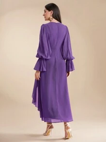Modelyn Đầm viền nhún bèo dài tay màu trơn dành cho nữ, thường ngày & ngày lễ - Màu tím - Xem 2