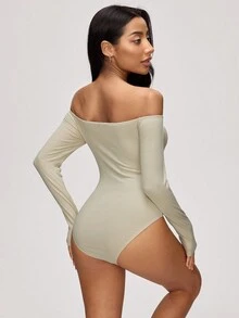 SHEIN BASICS Casualowy, jednolity kolor, dzianinowy, odkryty dekolt, body dla kobiet - Morela - Zobacz 2