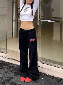 INAWLY Women's Letter Printed Drawstring Waist Wide Leg Relaxed Casual Black Sweatpants Graduation,Back To School Outfits,Graduation,Teacher Outfits For Women,Back To School Fall Cloth For Women - Black - View 2