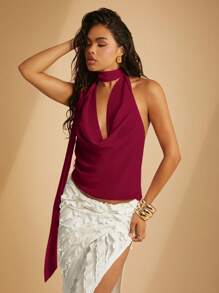 Hauture 夸张腰带围脖领雪纺上衣 - 酒紅色 - 查看 8