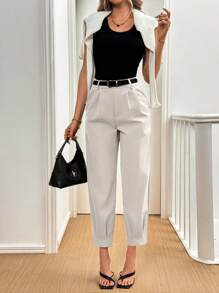 Selianne Women's Elegant Solid Color Pleated Detail Regular Trousers, Autumn - Beige - View 7