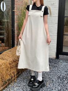 FRIFUL Women's Solid Color Simple Casual Strap Corduroy Overall Dress Sundress