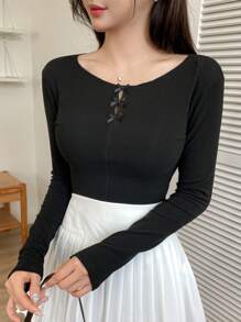 DAZY Women's Warm Bowknot Collar Cutout Solid Color Black Long Sleeve Fleece T-Shirt,Fall Women Clothes,Winter - Black - View 2