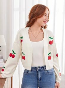SHEIN Girlism Teen Girls White & Red Cherry Fruit Pattern Embroidered Versatile Cardigan Sweater,In Fall/Winter