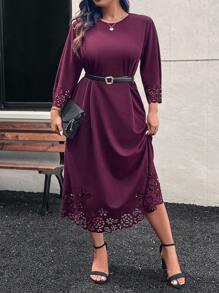 SHEIN LUNE Shell Trim Floral Embroidered Long Sleeve Midi Dress Plus Size Winter Clothes