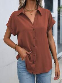 EMERY ROSE Áo sơ mi tay cánh dơi màu nâu đơn giản, rộng rãi cho nữ, mùa hè và mùa thu - Rỉ Nâu - Xem 3