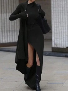 INAWLY Kendall Jenner 风格街头风不对称长袖连衣裙 - 黑色 - 查看 4