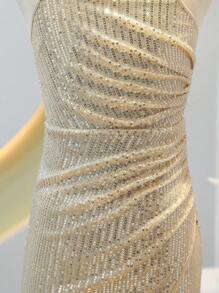 SHEIN 青少年女孩闪亮优雅高腰荷叶边 V 领开衩长裙礼服 - 杏色 - 查看 4