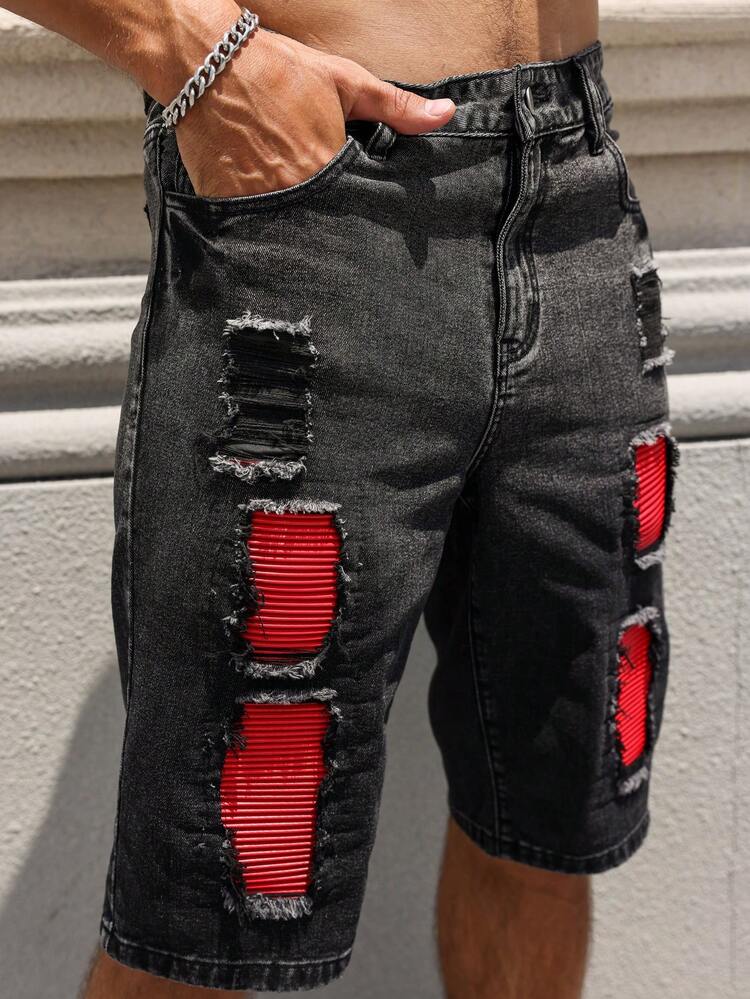 Manfinity LEGND Pantalones cortos vaqueros casuales con diseño desgastado y pretina con botones para hombre - Negro - Añade 7