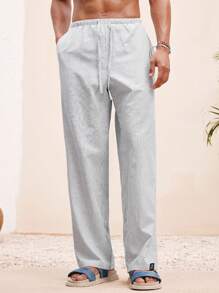 Manfinity VCAY 男士沙滩装夏季度假编织休闲冲浪海边沙滩宽松夏威夷条纹亚麻裤沙滩装 - 灰色 - 查看 1