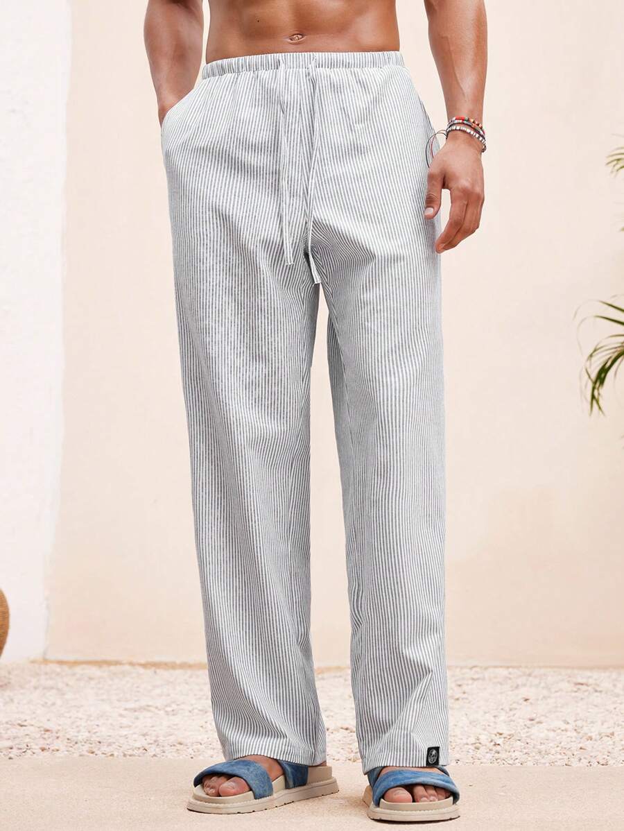 Manfinity VCAY 男士沙滩装夏季度假编织休闲冲浪海边沙滩宽松夏威夷条纹亚麻裤沙滩装 - 灰色 - 查看 1