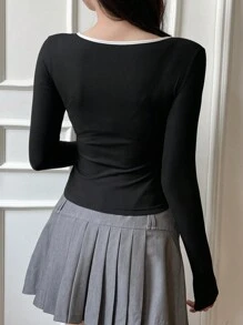 DAZY Women's 2 In 1 Contrast Color Patchwork Bow Accent Slim Fit Long Sleeve Crew Neck T-Shirt - Black - View 5