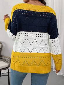 Calvaya Maglione lavorato a maglia con motivo geometrico traforato e blocchi di colore, casual per primavera e autunno, taglie comode