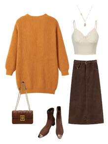 SHEIN Tween Girl Ginger Color Orange Long Cardigan,Casual Loose Knitted Soft Sweater For Autumn,Back-To-School,Sunday,Daily Wear,School,Outings & Party - Ginger - View 2