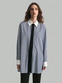 Ontre 蓝色条纹拼布超大长款休闲工作衬衫宽松衬衫 - 彩色 - 查看 6