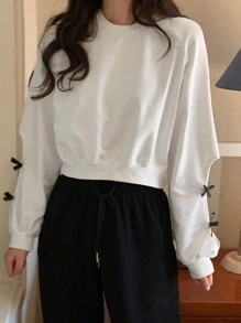 DAZY Women's Solid Color Crew Neck Short Hollow Out Bowknot Decor Sweatshirt,Fall Clothes