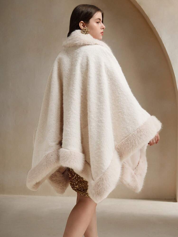 Women Plus Size Elegant Apricot Color Patchwork Fluffy Collar Coat