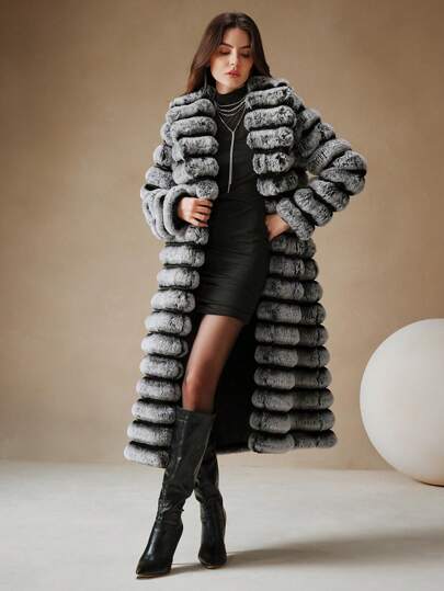SHEIN X Phaith Montoya Anewsta Autumn/Winter New Fluffy Coat, Mid-Length Women's Fashion Rabbit Fur Jacket For Holiday Party