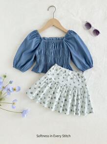 Cozy Pixies Young Girl Solid Color Square Neck Bubble Short Sleeve Top And Skirt Set - Blue - View 6