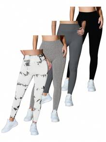SHEIN Sports Quần legging thể thao giản dị tối giản in họa tiết trơn dành cho nữ - Nhiều màu - Xem 3