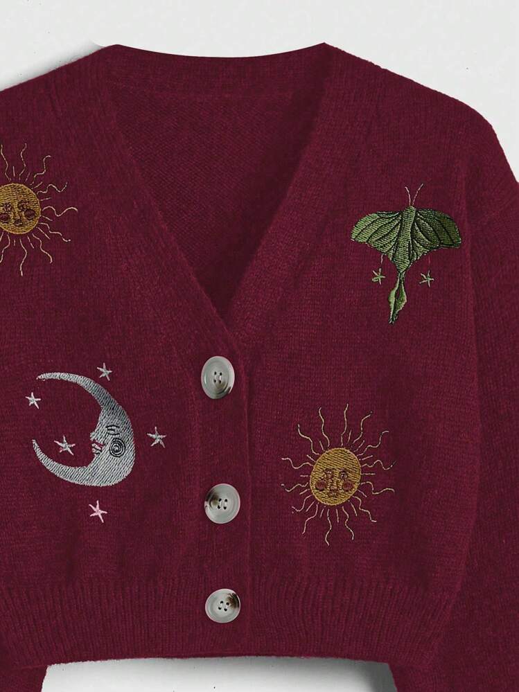 ROMWE Hippie Cárdigan de suéter de manga larga con decoración bordada para mujer - Burdeos - Añade 3