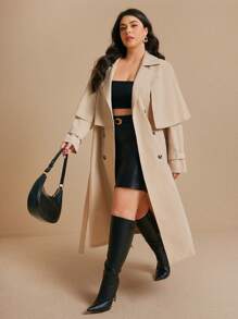 Elaquor Áo khoác dài tay màu trơn thường ngày cỡ lớn cho nữ - Màu Khaki - Xem 1