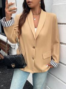 SHEIN Essnce Plus Size Casual Colorblock Striped Loose Blazer Fall/Winter - Khaki - View 6