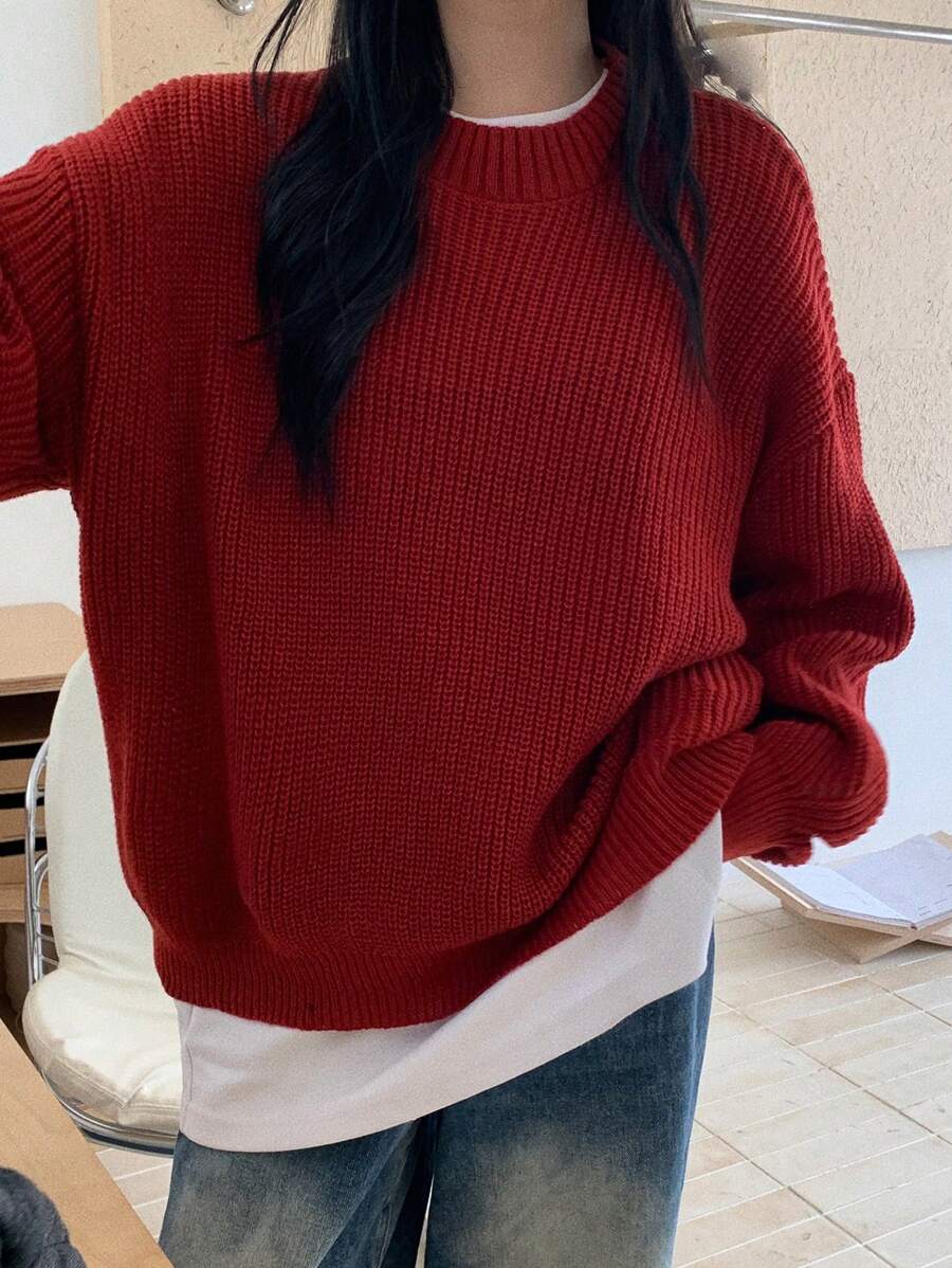 DAZY 纯色圆领长袖简约套头衫秋季毛衣、休闲日常穿着、长袖上衣 - 紅色 - 查看 1