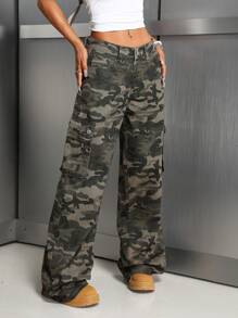 SHEIN ICON 前扣口袋迷彩工装牛仔裤，日常休闲 - 彩色 - 查看 5