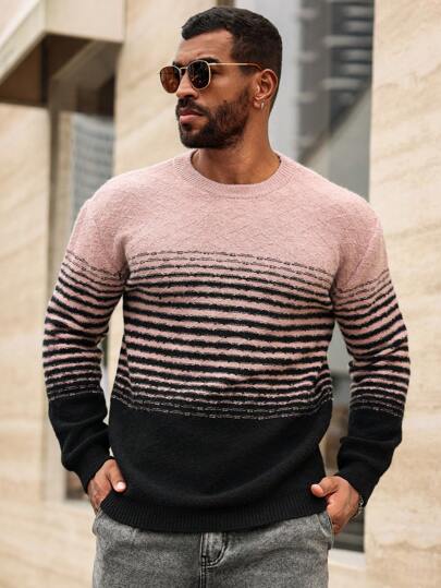 Manfinity Homme Plus Size Men's Crew Neck Long Sleeve Striped Minimalist Sweater, Casual Everyday Wear