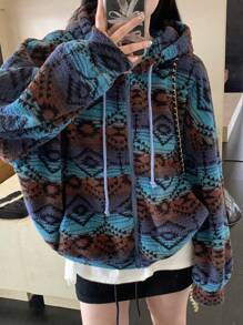 DAZY 女士加厚保暖撞色宽松卫衣波西米亚风卫衣，带保暖内衬秋冬外套 - 藍色 - 查看 6