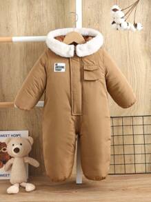 SHEIN 新生儿男女宝宝加厚保暖抓绒连帽连体衣，字母拼接设计，适合秋冬季户外活动和滑雪 - 彩色 - 查看 3