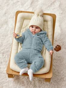 SHEIN 新生男婴/女婴可爱刺绣字母图案连帽夹克和裤子套装，秋冬