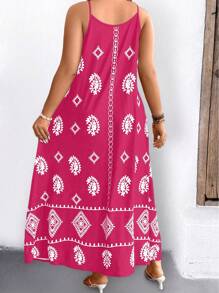 SHEIN LUNE 大码女式几何汉字印花宽松吊带长裙，夏季 - 玫紅色 - 查看 2