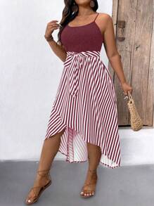 SHEIN LUNE Plus Size Casual Striped Patchwork Spaghetti Strap Dress - Burgundy - View 6