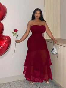 Veslaya Plus Size - Sexy Valentine's Day Mesh Patchwork Ruffle Dress, Prom Dress & Date Night Outfit - Burgundy - View 5