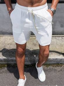 Manfinity Homme 男士纯色抽绳腰冰丝亚麻短裤纯色休闲度假白色抽绳短裤，适合老公、男朋友的礼物